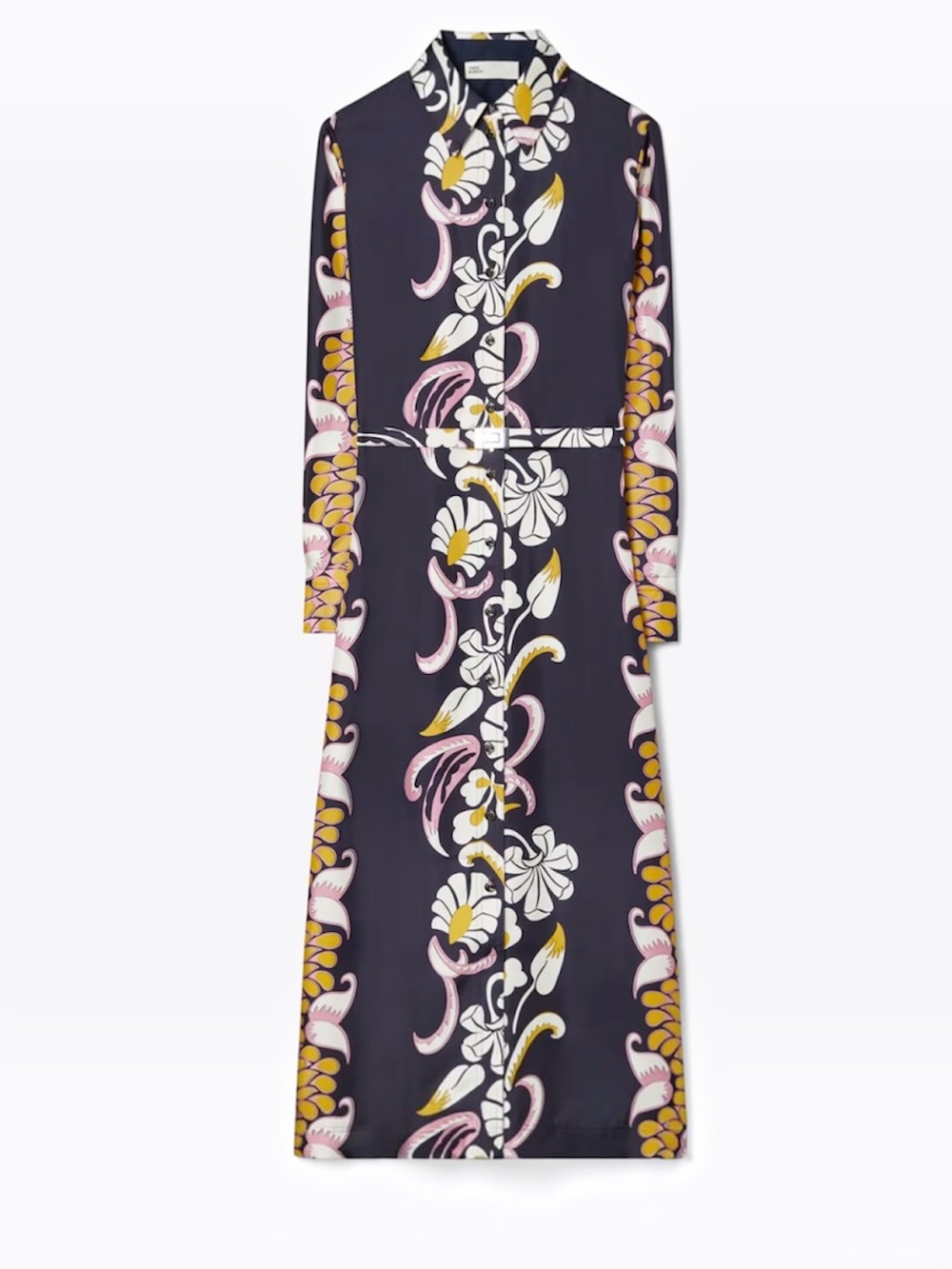 Tory Burch Printed Silk Twill Shirtdress Pink Tropical Border Belted Size 2 - Picture 2 of 13
